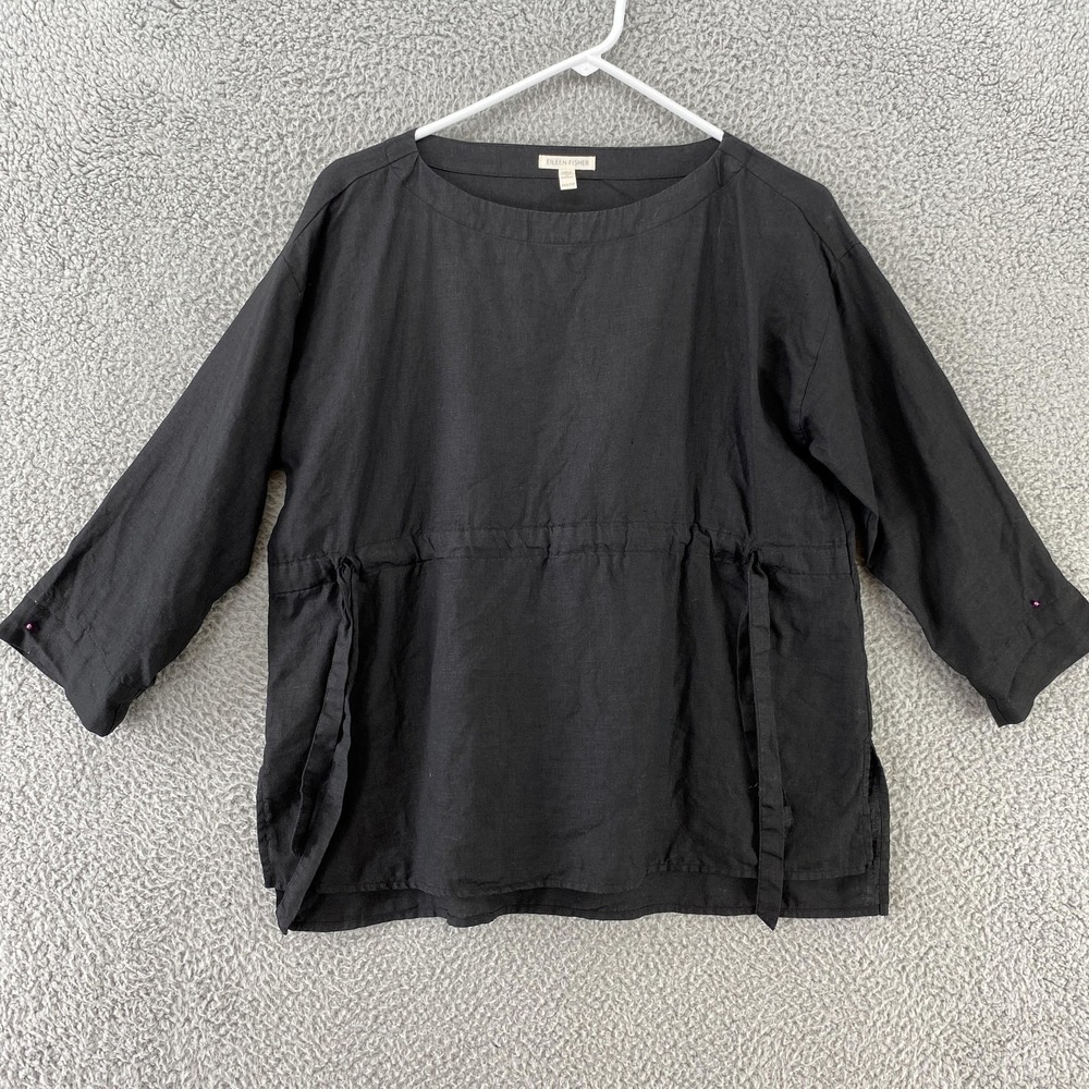 Eileen Fisher Shirt Womens XXS Black Linen 3/4 Sleeve Boxy Tunic Side Ties Top